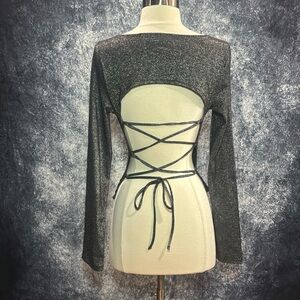 DKNY silver grey metallic backless tie up long sleeve top club festival rave